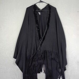 Cejon Poncho Women One Size Black Faux Fur Trim Fringe Knit Wrap Boho Goth Witch